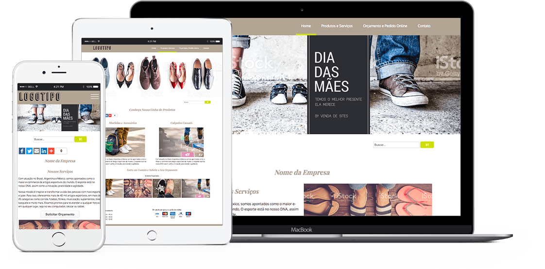 Sites exibidos em computador, tablet e celular